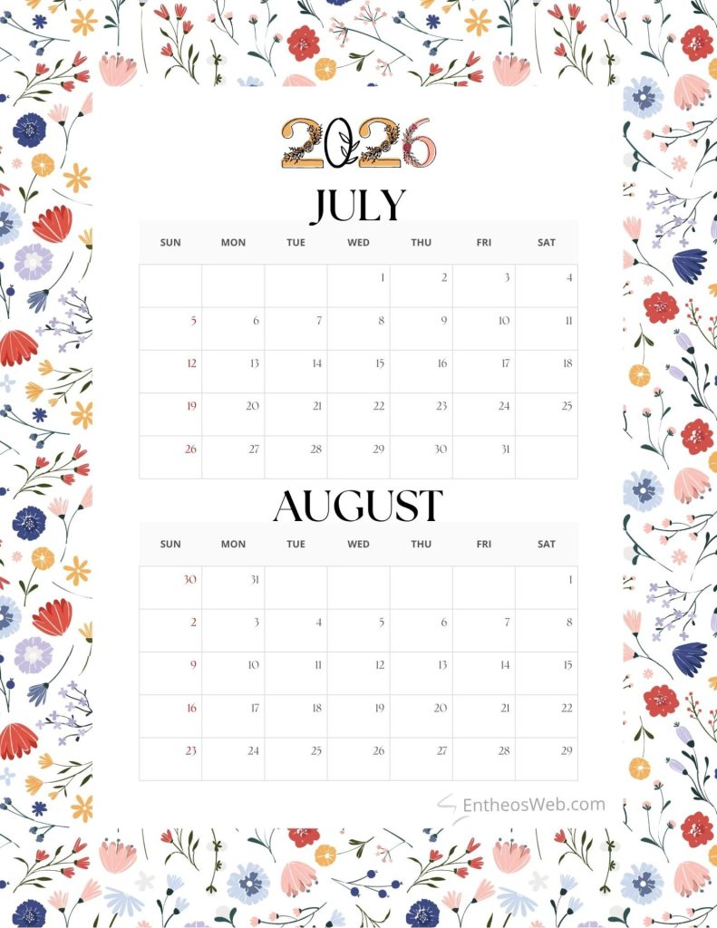 July  august 2026   2 month printable calendar 2 month   july august 2026 calendar 8 5 x 11 in   floral